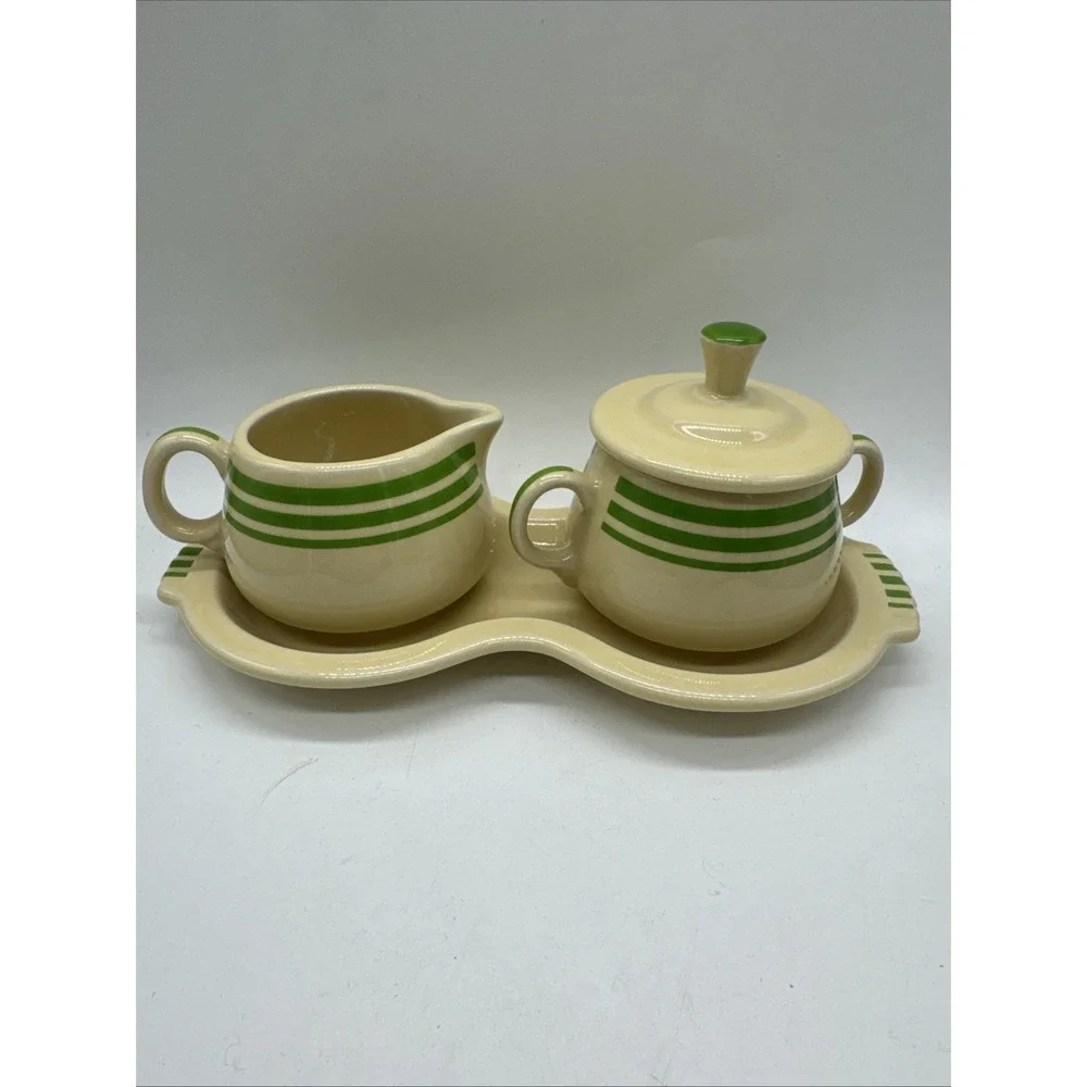 Fiesta Ware HLCCA Covered Sugar Bowl & Creamer Figure 8 Tray Green Stripe
